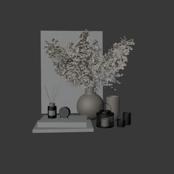 0001 Decor Set 3D Model – Candle, Books, Cedar, Clock, Dried Flowers & Vase