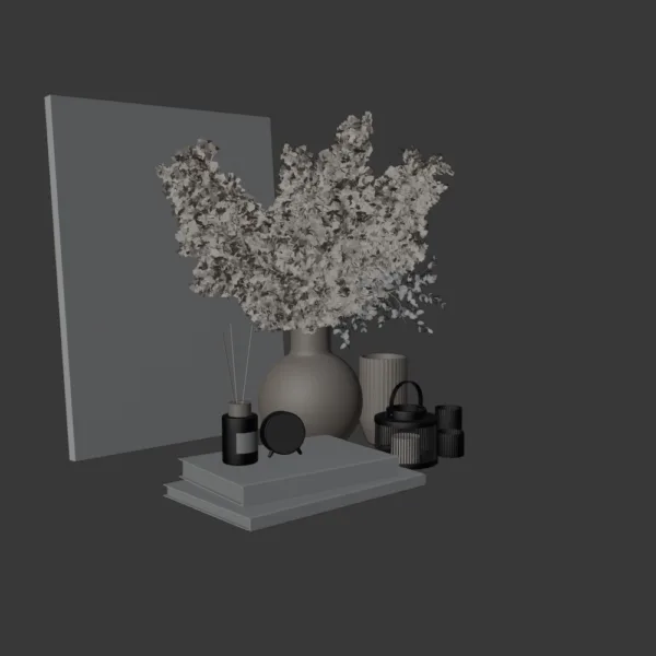 0002 Decor Set 3D Model – Candle, Books, Cedar, Clock, Dried Flowers & Vase