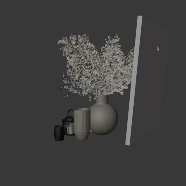 0004 Decor Set 3D Model – Candle, Books, Cedar, Clock, Dried Flowers & Vase