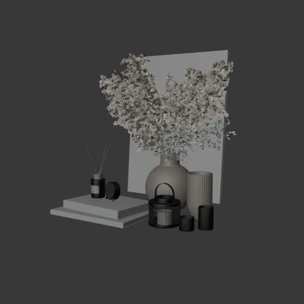 0005 Decor Set 3D Model – Candle, Books, Cedar, Clock, Dried Flowers & Vase