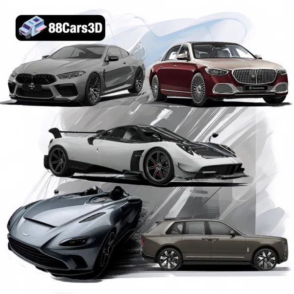 Luxury Cars Pack – Mercedes-Benz S-Class Maybach 2022, Rolls-Royce Cullinan, Pagani Huayra BC, BMW M8 Competition, Aston Martin V12 Speedster 3D Models