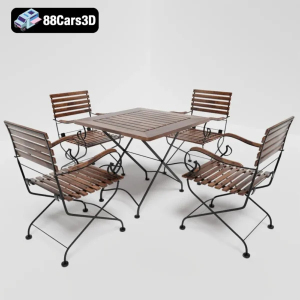 Iron Chair & Table Set – Industrial Outdoor Furniture 3D Model