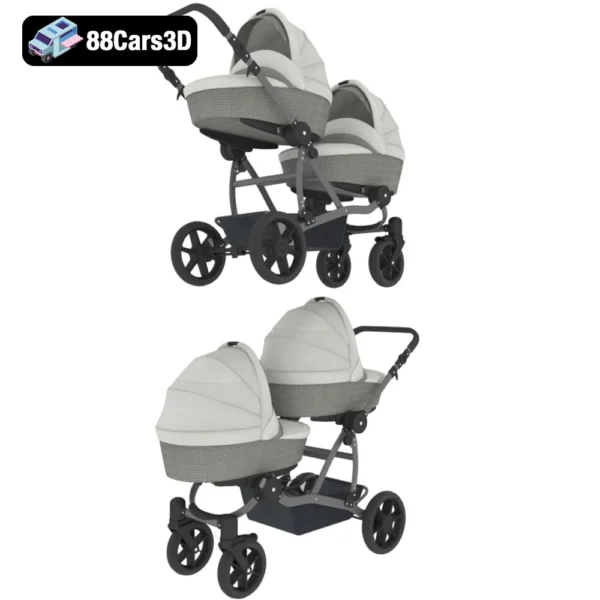 Carriage for twins for newborns-006 Carriage for Twins 3D Model Newborn Twin Stroller Asset
