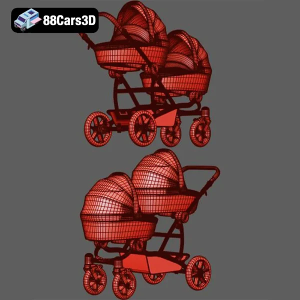 Carriage for twins for newborns-007 Carriage for Twins 3D Model Newborn Twin Stroller Asset