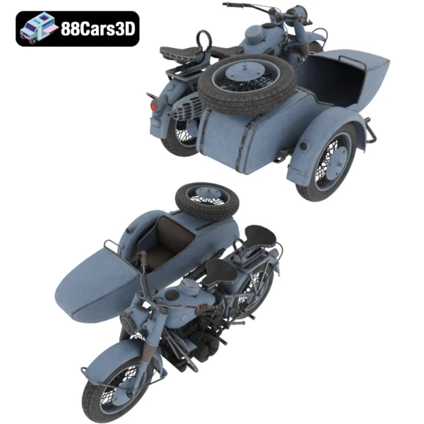 Motorcycle with Sidecar 3D Model Vintage Utility Bike